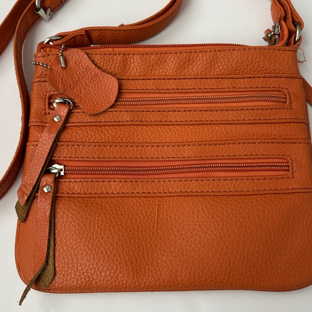 Genuine Leather Multi-Zip Organizer Burnt Orange Crossbody Bag - Picture 2 of 7